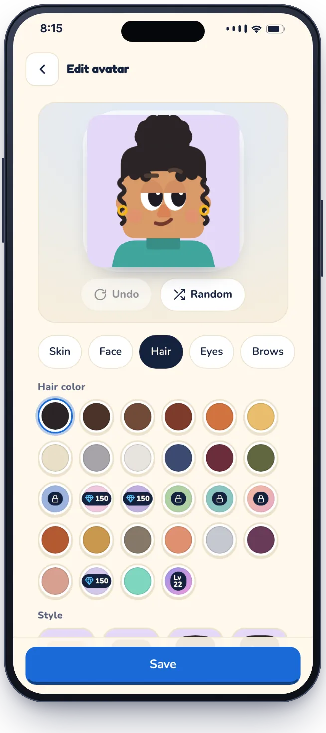 The avatar creator: a cartoon avatar with curly hair and a hair color palette, some colors unlocked with gems or levels.